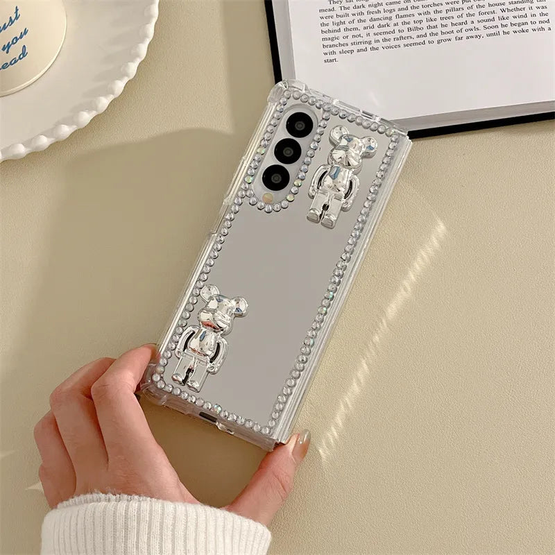 Cute Plating Bear Mirror Case For Samsung Galaxy Z Fold